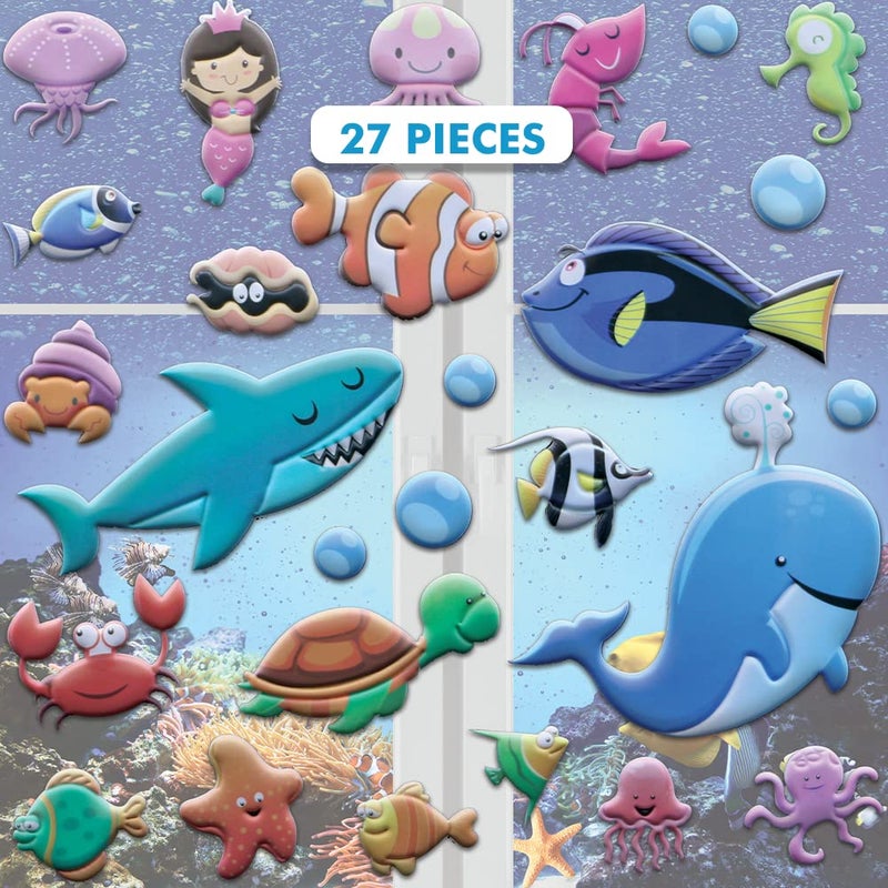 JesPlay Under The Sea Ocean Window Clings for Kids & Toddlers (by Jesplay USA - Reusable Window Stickers Gels & Decals) Puffy Sticker Activites for Car Plane Home - Underwater Animals Fish Mermaid Shark - Image 1